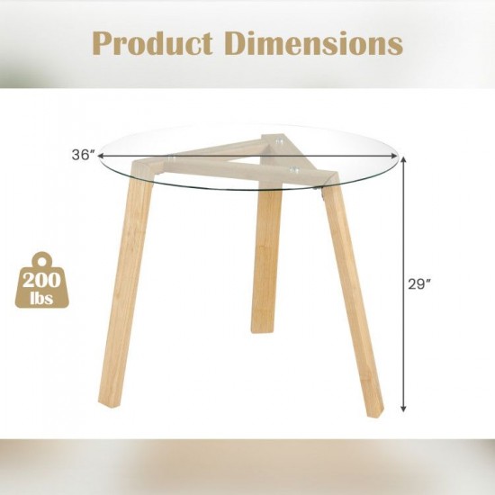 Honhorrs 36-Inch Round Glass Dining Table, Rubberwood Frame and Triangular Support for Four Seats