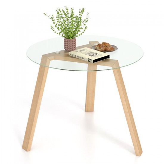 Honhorrs 36-Inch Round Glass Dining Table, Rubberwood Frame and Triangular Support for Four Seats