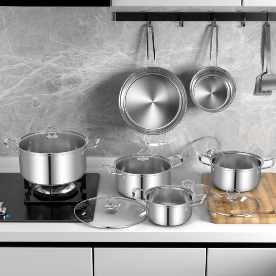 Honhorrs 12-Piece Stainless Steel Cookware Set with Aluminum-Core Bases and Tempered Glass Lids