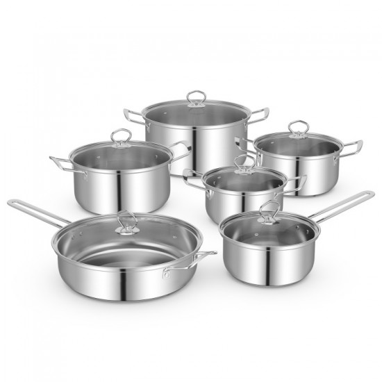 Honhorrs 12-Piece Stainless Steel Cookware Set with Aluminum-Core Bases and Tempered Glass Lids