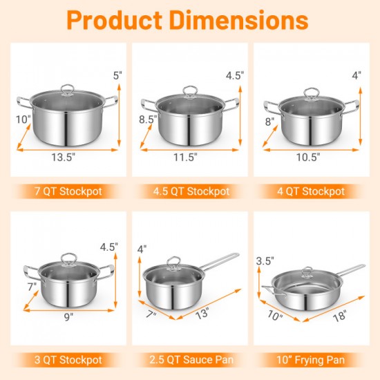 Honhorrs 12-Piece Stainless Steel Cookware Set with Aluminum-Core Bases and Tempered Glass Lids