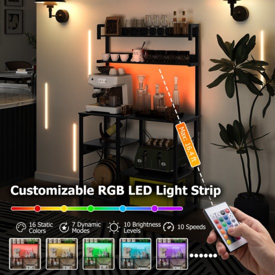 Honhorrs Five-Tier Kitchen Baker's Rack, RGB Shelf Lighting and AC, USB and USB-C Charging Station