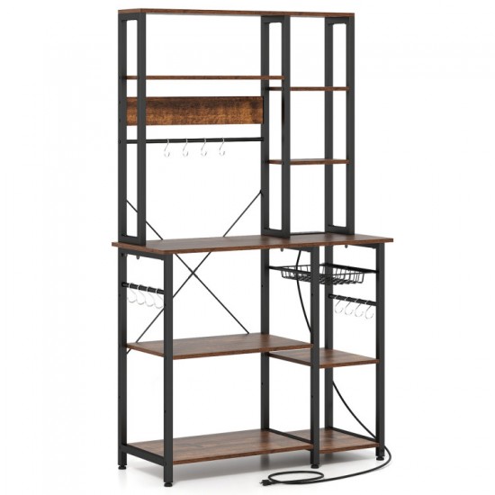Honhorrs Six-Tier Powered Baker's Rack, Pull-Out Basket and Twelve Utensil Hooks with Open Shelving