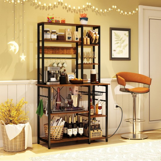 Honhorrs Six-Tier Powered Baker's Rack, Pull-Out Basket and Twelve Utensil Hooks with Open Shelving