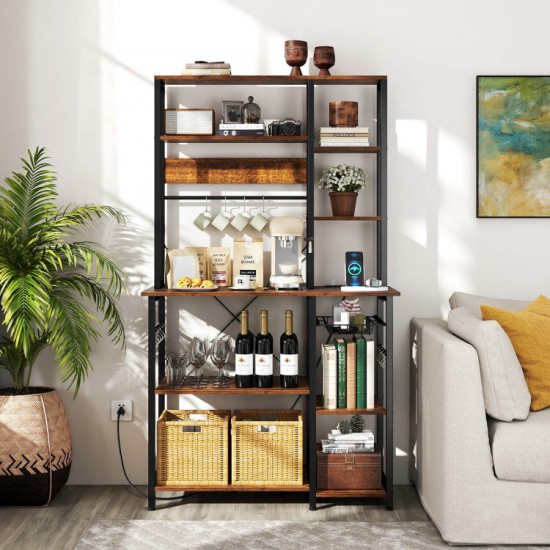 Honhorrs Six-Tier Powered Baker's Rack, Pull-Out Basket and Twelve Utensil Hooks with Open Shelving
