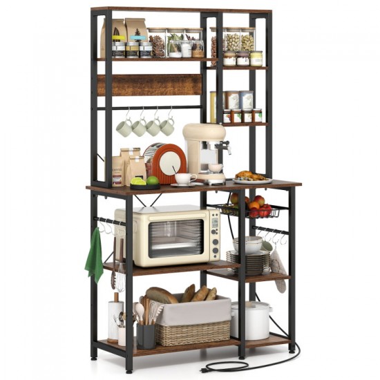 Honhorrs Six-Tier Powered Baker's Rack, Pull-Out Basket and Twelve Utensil Hooks with Open Shelving