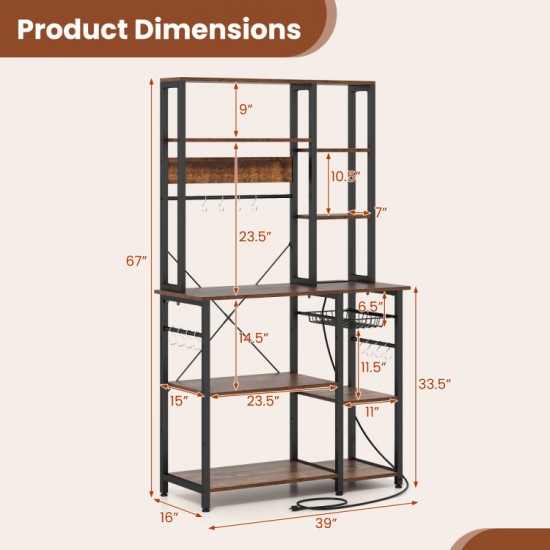 Honhorrs Six-Tier Powered Baker's Rack, Pull-Out Basket and Twelve Utensil Hooks with Open Shelving