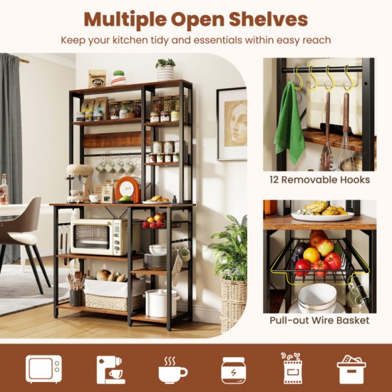 Honhorrs Six-Tier Powered Baker's Rack, Pull-Out Basket and Twelve Utensil Hooks with Open Shelving
