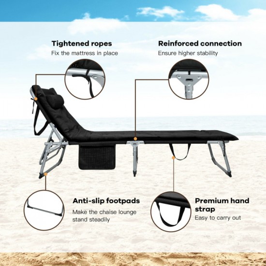Honhorrs Padded Folding Chaise, Removable Mattress and Locking Backrest for Indoor or Patio Lounging