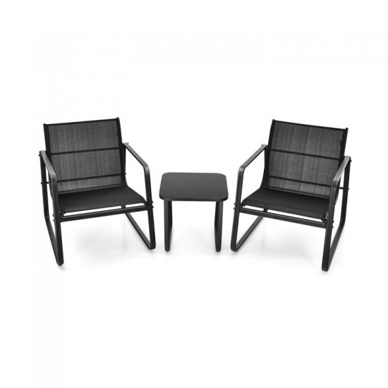 Honhorrs Three-Piece Patio Bistro Set, Breathable Fabric Chairs with Steel Frames and Glass Table