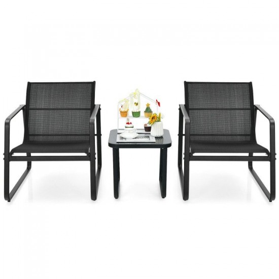 Honhorrs Three-Piece Patio Bistro Set, Breathable Fabric Chairs with Steel Frames and Glass Table