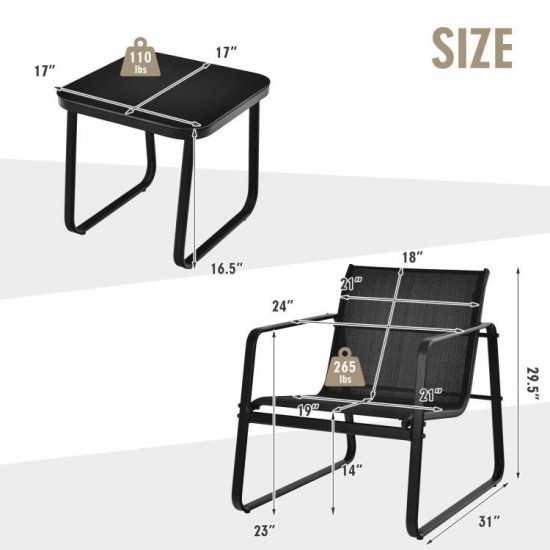 Honhorrs Three-Piece Patio Bistro Set, Breathable Fabric Chairs with Steel Frames and Glass Table