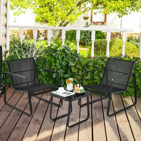 Honhorrs Three-Piece Patio Bistro Set, Breathable Fabric Chairs with Steel Frames and Glass Table