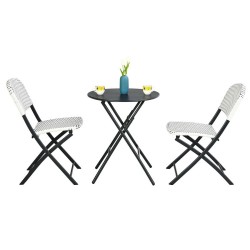 XVX Folding Three-Piece Patio Bistro Set, Round Dining Table and Two Woven PE Rattan Chairs