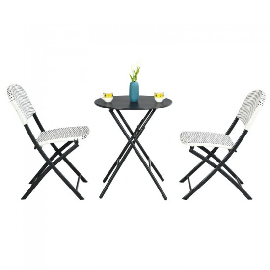 Honhorrs Folding Three-Piece Patio Bistro Set, Round Dining Table and Two Woven PE Rattan Chairs