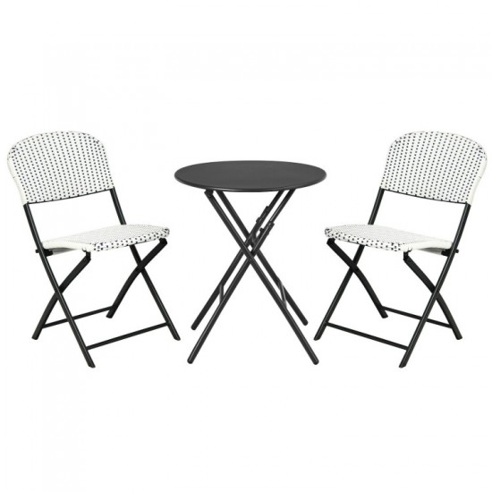 Honhorrs Folding Three-Piece Patio Bistro Set, Round Dining Table and Two Woven PE Rattan Chairs