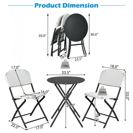 Honhorrs Folding Three-Piece Patio Bistro Set, Round Dining Table and Two Woven PE Rattan Chairs