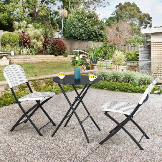 Honhorrs Folding Three-Piece Patio Bistro Set, Round Dining Table and Two Woven PE Rattan Chairs