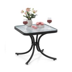 Owlyin 18-Inch Glass Patio Side Table, Coated Metal Legs with a Reinforcing Ring and Rounded Top
