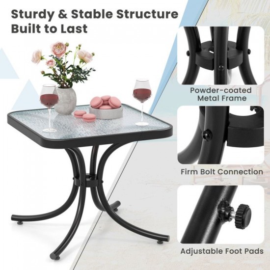 Owlyin 18-Inch Glass Patio Side Table, Coated Metal Legs with a Reinforcing Ring and Rounded Top