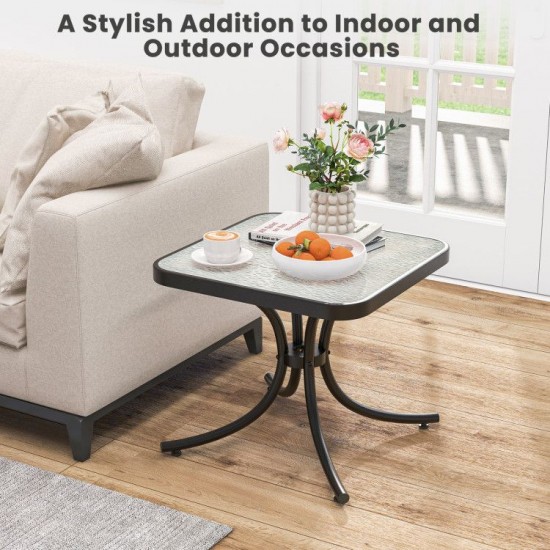 Owlyin 18-Inch Glass Patio Side Table, Coated Metal Legs with a Reinforcing Ring and Rounded Top