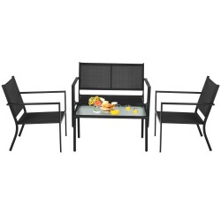 Honhorrs Four-Piece Steel Patio Conversation Set, Breathable Fabric Seating with Curved Armrests