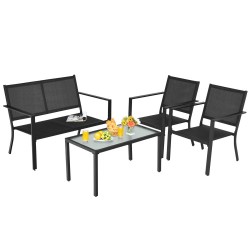 Honhorrs Four-Piece Steel Patio Conversation Set, Breathable Fabric Seating with Curved Armrests