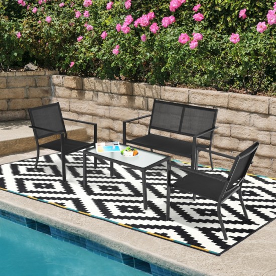 Honhorrs Four-Piece Steel Patio Conversation Set, Breathable Fabric Seating with Curved Armrests