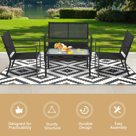 Honhorrs Four-Piece Steel Patio Conversation Set, Breathable Fabric Seating with Curved Armrests
