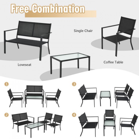 Honhorrs Four-Piece Steel Patio Conversation Set, Breathable Fabric Seating with Curved Armrests