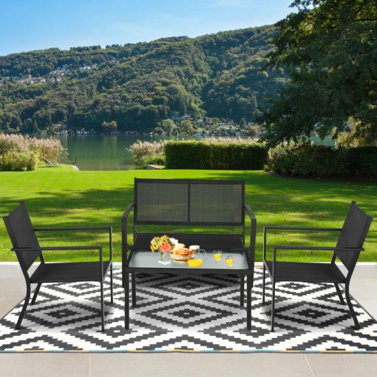 Honhorrs Four-Piece Steel Patio Conversation Set, Breathable Fabric Seating with Curved Armrests