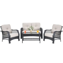 XVX Four-Piece PE-Rattan Patio Set, Padded Seats and Glass Coffee Table with Lower Storage Shelf