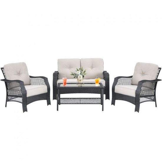 Owlyin Four-Piece PE-Rattan Patio Set, Padded Seats and Glass Coffee Table with Lower Storage Shelf