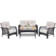 Owlyin Four-Piece PE-Rattan Patio Set, Padded Seats and Glass Coffee Table with Lower Storage Shelf