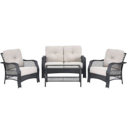 XVX Four-Piece PE-Rattan Patio Set, Padded Seats and Glass Coffee Table with Lower Storage Shelf