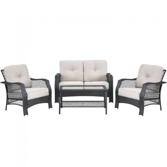 Owlyin Four-Piece PE-Rattan Patio Set, Padded Seats and Glass Coffee Table with Lower Storage Shelf