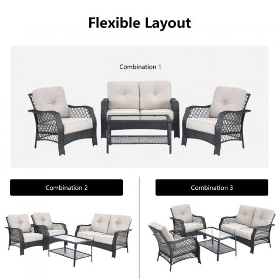 Owlyin Four-Piece PE-Rattan Patio Set, Padded Seats and Glass Coffee Table with Lower Storage Shelf