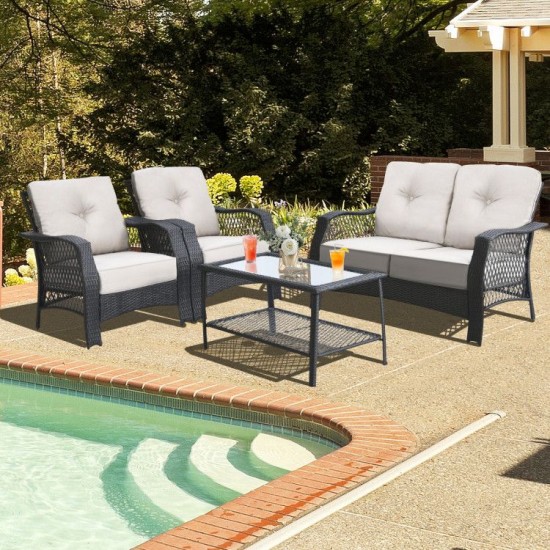 Owlyin Four-Piece PE-Rattan Patio Set, Padded Seats and Glass Coffee Table with Lower Storage Shelf