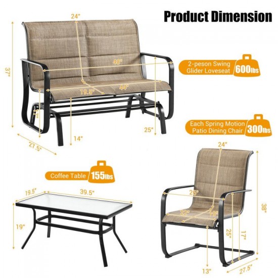 Honhorrs Four-Piece Motion Patio Set, Glider Loveseat and Spring Chairs with Tempered-Glass Table