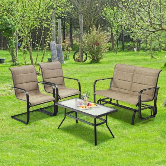 Honhorrs Four-Piece Motion Patio Set, Glider Loveseat and Spring Chairs with Tempered-Glass Table