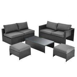 XVX Six-Piece Wicker Patio Lounge Set, Loveseat and Armless Seats with Two Ottomans and Table