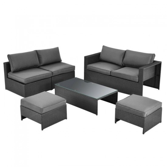 Honhorrs Six-Piece Wicker Patio Lounge Set, Loveseat and Armless Seats with Two Ottomans and Table