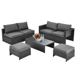 XVX Six-Piece Wicker Patio Lounge Set, Loveseat and Armless Seats with Two Ottomans and Table