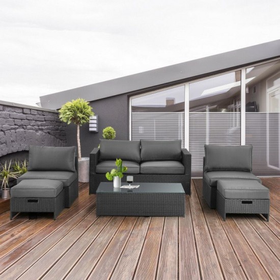 Honhorrs Six-Piece Wicker Patio Lounge Set, Loveseat and Armless Seats with Two Ottomans and Table