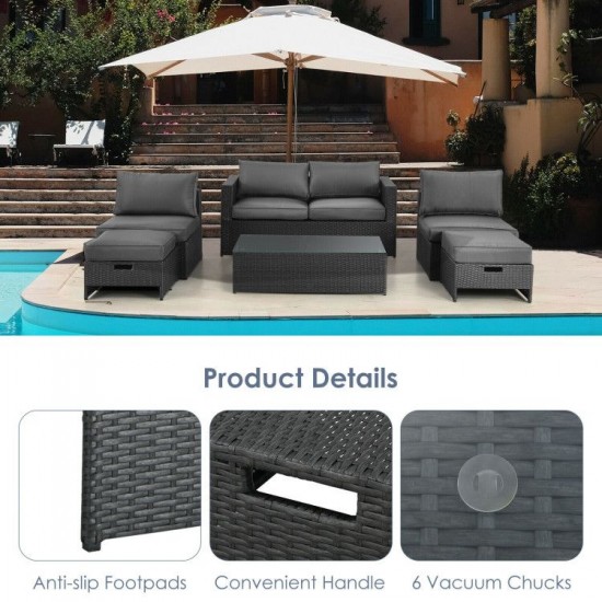 Honhorrs Six-Piece Wicker Patio Lounge Set, Loveseat and Armless Seats with Two Ottomans and Table