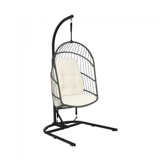 Honhorrs Hanging Wicker Egg Chair, Foldable Basket with Cushion, Steel Stand and Securing Strap