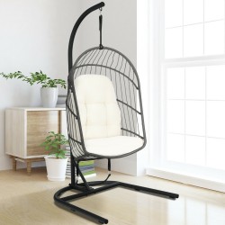 Honhorrs Hanging Wicker Egg Chair, Foldable Basket with Cushion, Steel Stand and Securing Strap
