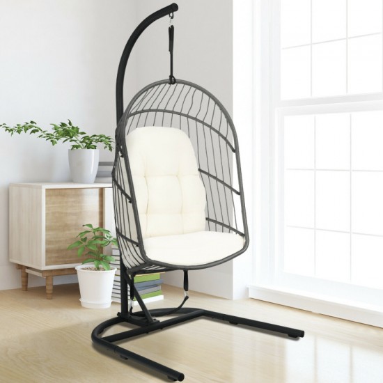 Honhorrs Hanging Wicker Egg Chair, Foldable Basket with Cushion, Steel Stand and Securing Strap