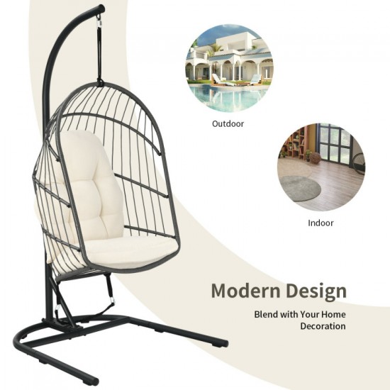 Honhorrs Hanging Wicker Egg Chair, Foldable Basket with Cushion, Steel Stand and Securing Strap
