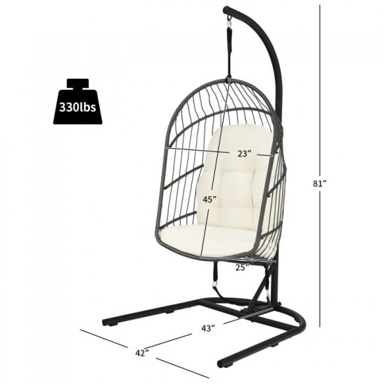 Honhorrs Hanging Wicker Egg Chair, Foldable Basket with Cushion, Steel Stand and Securing Strap